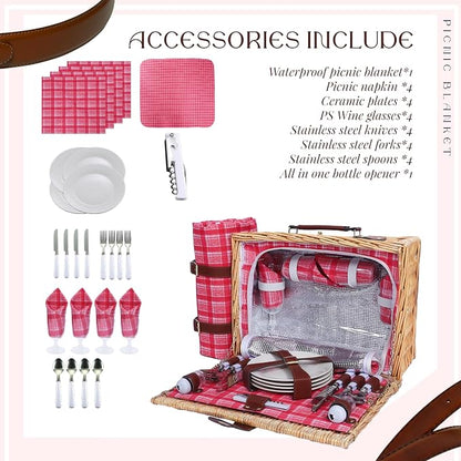 Wicker Picnic Basket Set for 4, Blanket, Cooler Bag, Pink Red Plaid | Four-Person Wicker Set Includes Tableware, Insulated Food Storage and Waterproof Blanket for Parks, Camping, Dates and Gifts