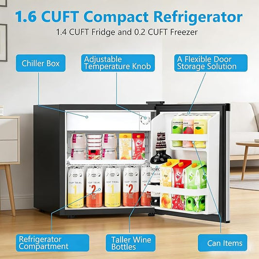 Antarctic Star Mini Fridge with Freezer, Rated 1.6 cu.ft, Small Upright Refrigerator with Removable Shelves, 7 Adjustable Thermostat, Low Noise for Bedroom/Apartment/Office,Silver