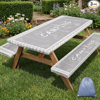 Picnic Table Cover with Bench Covers Elastic Edges, Grey Camper Fitted Table Cover, Outdoor Patio Camping Essentials 72 Inch 3PCS, Waterproof Camping Fitted Tablecloth with Drawstring Bag