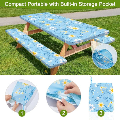 Picnic Table and Bench Cover Set, Waterproof Fitted Elastic Cloth | Portable Camping Essentials With Built-In Storage Pocket And Waterproof Fabric For Outdoor RV Or Picnic Table Use