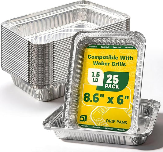 25 Pack 8.6" x 6" Grill Drip Pans Compatible with Weber Q, Spirit & Genesis Series – Aluminum Grease Tray Liners for Weber Grill Drip Tray, Grease Catcher Replacement, Disposable Foil Pans