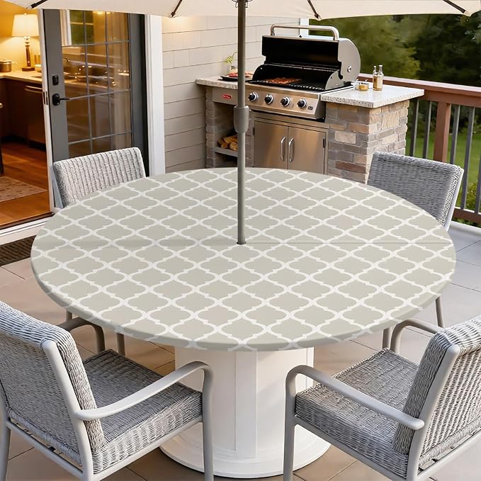 Outdoor Tablecloth with Umbrella Hole and Zipper Fits 45-48" Tables | Waterproof Round Fitted Tablecloth with Elastic Edge, Wipeable Outdoor Table Cover for Patio, Garden, Picnic