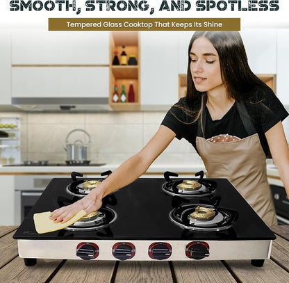 4 Burner Gas Stove Top, 25" Black Tempered Glass Countertop Stove | Stainless Steel 4 Burner Cooktop Burners RV Stove for Cooking Range Gas with Hose & Regulator to Connect Propane Cooktop