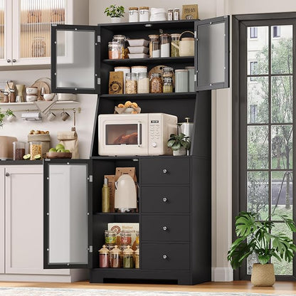 BOTLOG 64'' Kitchen Pantry Storage Cabinet, Tall Kitchen Storage Cabinet with Microwave Stand, Hutch Cabinet with Adjustable Shelves, for Dining Room, Black | Save Space, Frosted Glass Door, Hutch Cabinet with Adjustable Shelves, for Dining Room (Black)