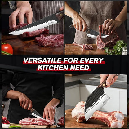 MDHAND Butcher Knife Set, Hand Forged Viking Kitchen Serbian Chef Knife Set with Roll Bag, Heavy Duty Meat Cleaver & Brisket Knives & Meat Cutting Knife for BBQ, Outdoor Camping, Gifts for Men Women