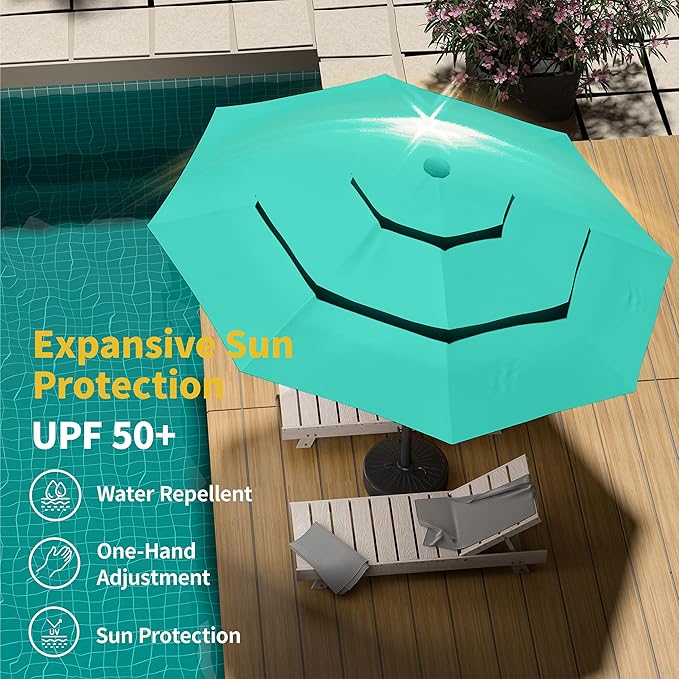Kingdura 9ft 3-Tier Patio Umbrella with Solar Lights, Table Umbrella Outdoor Patio with Easy Crank & Tilt, 8 Sturdy Ribs, UV Protection, 32 LED Lights for Deck, Poolside, Market (Tiffany blue)