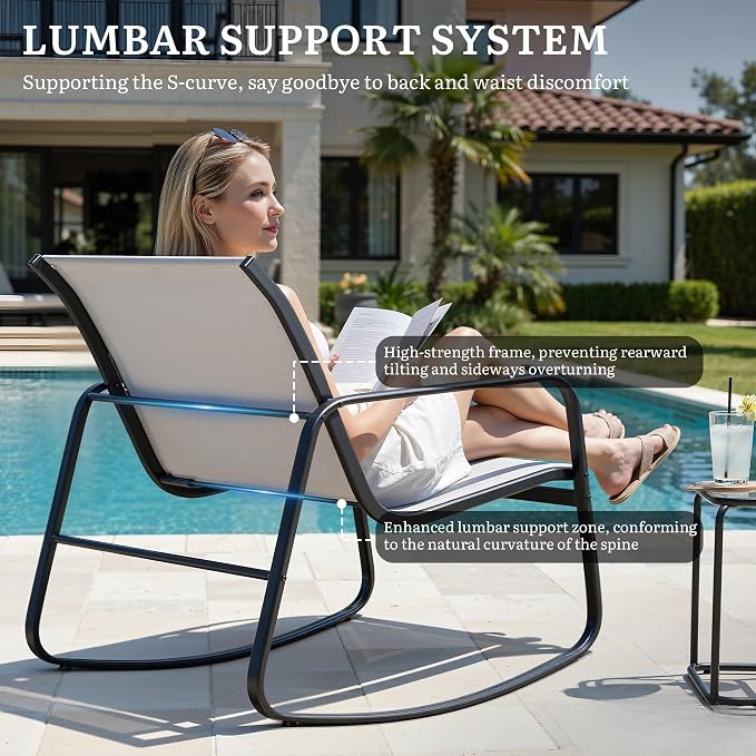 DWVO 3 Piece Rocking Patio Furniture Set Textilene Patio Set Outdoors Grey | Heavy-duty Small Patio Furniture Set w/Breathable Fabric, Smooth Rocking, Tempered Glass Table, Easy Assembly and Cleaning