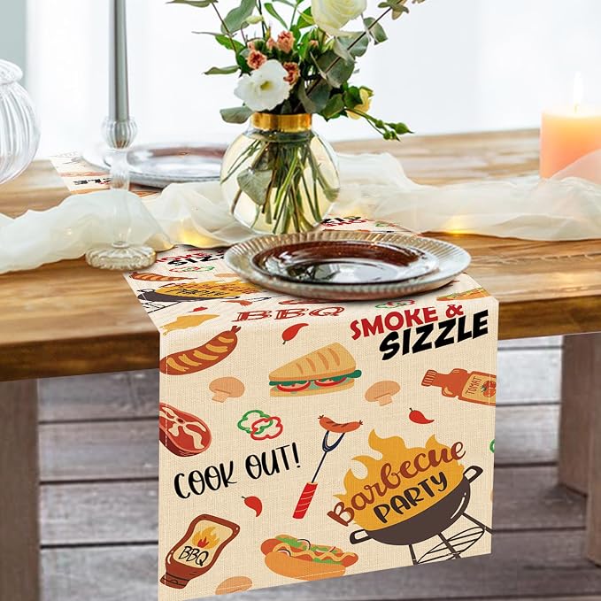Barbecue Dining Table Runner, Summer BBQ Grill Tools Hot Dog Steak Sauce Burlap Kitchen Decoration, Cook Out Smoke Sizzle Indoor Outdoor Home Decor Party Supply 13 x 72 Inches
