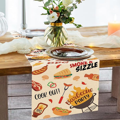 Barbecue Dining Table Runner, Summer BBQ Grill Tools Hot Dog Steak Sauce Burlap Kitchen Decoration, Cook Out Smoke Sizzle Indoor Outdoor Home Decor Party Supply 13 x 72 Inches