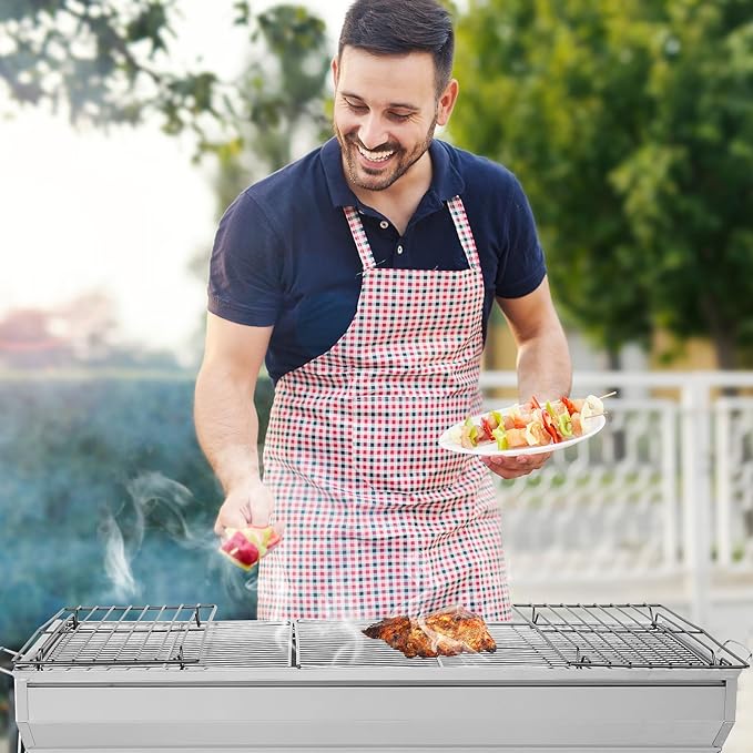Portable BBQ Charcoal Standing Grill, Stainless Steel Metal Outdoor Cooking Grill for Steaks in Courtyard, Backyard Patio, Camping, Tailgating, and Picnics with Iron Grill, Carbon Mesh Silver
