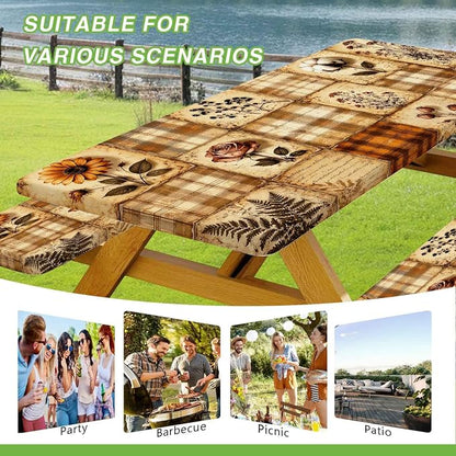 Vintage Floral Picnic Table Cover with Bench Covers, Retro Sunflower Rose Buffalo Plaid Patchwork Waterproof Fitted Tablecloth for 6 Foot Outdoor Wooden Picnic Table