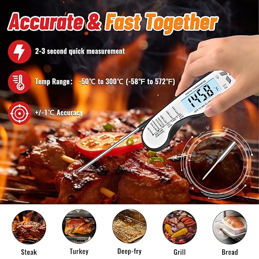 Meat Thermometer Digital, IP67 Waterproof Food Thermometer for Cooking | Backlight, Hold Function, Magnet, IP67 Waterproof, LED screen, for Kitchen, Grill, BBQ, Beef, Candy, Turkey
