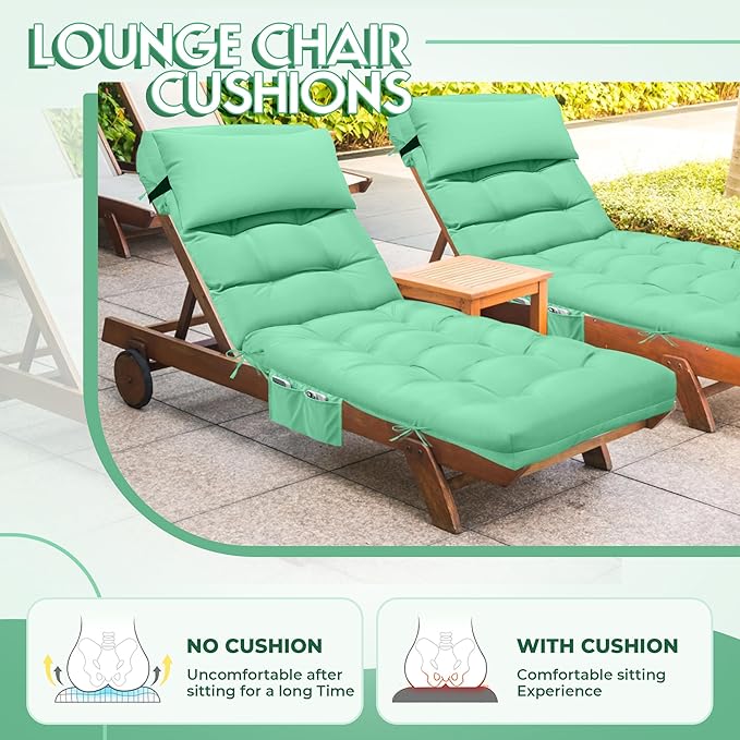 Outdoor Chaise Lounge Cushion, Waterproof Lounge Chair Cushion for Outdoor Furniture, 71 x 21 x 4 Inches Patio Cushion with Straps for Lawn Pool Furniture (Cyan, Lounge Chair Cushion)