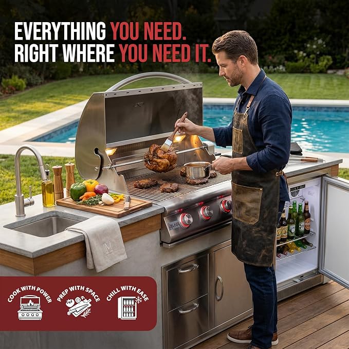 BLAZE BBQ Outdoor Package of 32” LTE Built-in Gas Grill, LTE Built-In Double Side Burner, 32” Door & Two Drawers Combo, 20” Refrigerator and Accessories (Grill Cover, Fridge Trim, and Rotisserie Kit)
