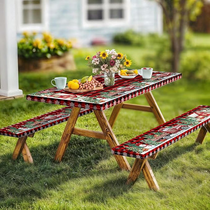 Christmas Picnic Table Cover with Bench Covers and Bag, Camping Essentials, Red Plaid Xmas Waterproof Windproof, Fitted Tablecloth Cover with Elastic Edge, for Indoor & Outdoor, 3 PCS, 30x72 Inch