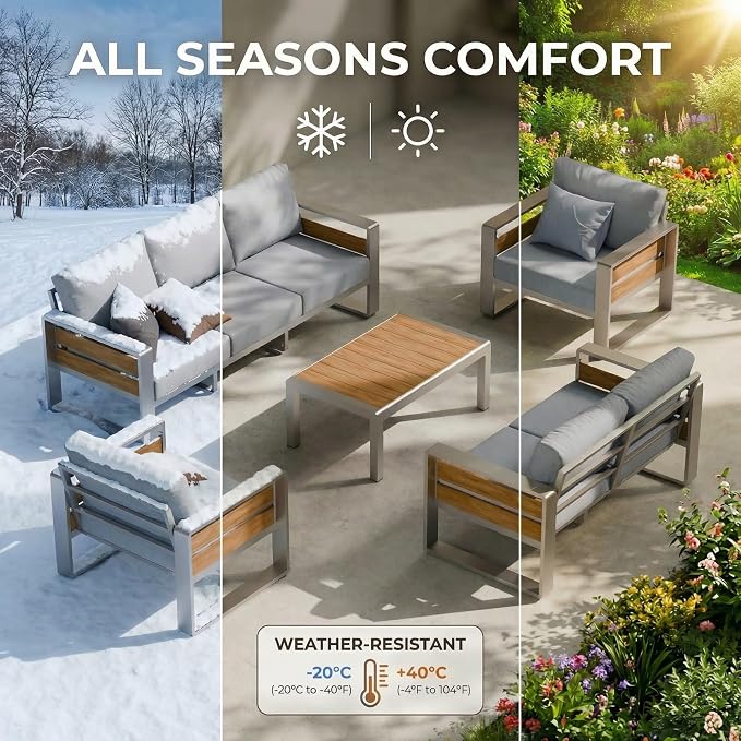 ZANDOR Aluminum Outdoor Patio Furniture Set with Table,7 Seat, Silver | Rustproof,High weight capacity,Water-repellent,Washable Cover,All-Weather Resistant,Easy clean,for Poolside Backyard Deck