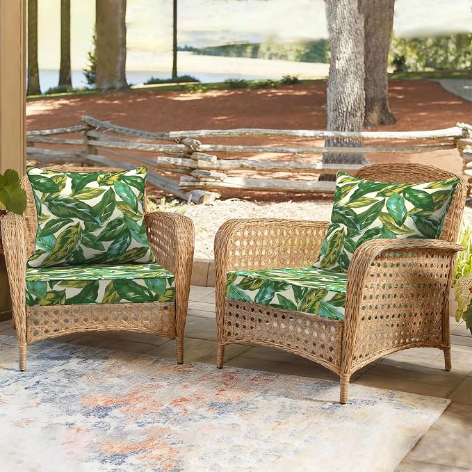 DYTXIII Outdoor Deep Seat Cushion Set, Water Repellent 24"x24" Patio Thick Cushions Replacement with Seat & Back Pillow for Patio Sofa, Wicker Chair, Couch - Lush Leaf Jungle