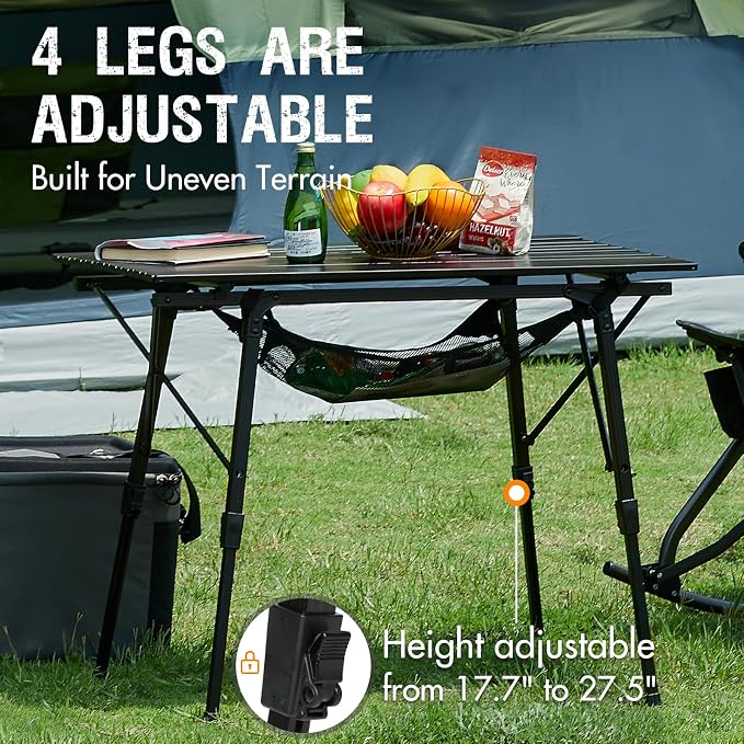 Portal Camping Table Foldable Portable with Adjustable Legs, Aluminum Folding Table Roll Up Table with Carrying Bag for Outdoor, Beach, Picnic, Backyards, BBQ and Party, Black