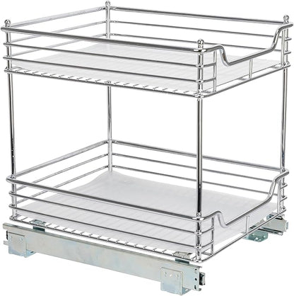 Household Essentials Glidez Chrome-Plated Steel Pull-Out/Slide-Out Storage Organizer with Plastic Liners for Under Cabinet Use - 2-Tier Design - Fits Standard Size Cabinet or Shelf, Chrome