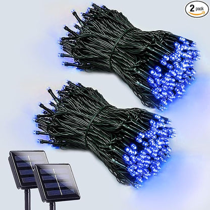 EEW Solar String Lights Outdoor 2 Pack 200 LED Solar Christmas Lights Blue | 8 Lighting Modes, Memory Function, Auto On/Off, 66FT Waterproof Twinkle Lights for Outside Patio Yard Xmas Tree Decorations