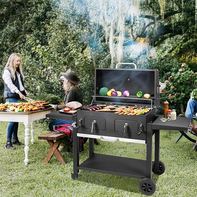 Charcoal Grill Outdoor BBQ Grill, Extra Large Cooking Area 753 Square Inches with Two Individual & Adjustable Charcoal Tray, Foldable Side Tables for Outdoor Cooking Backyard Camping Picnics By DNKMOR