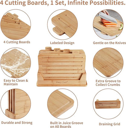 Fiery Chef 14.56"L x 11"W Bamboo Cutting Board Set of 4 - Wood Cutting Board Set with Holder, Chopping Boards Set with Food Icons, Juice Groove - Ideal for Meat, Fish, Bread, Vegetable, Fruit Chopping