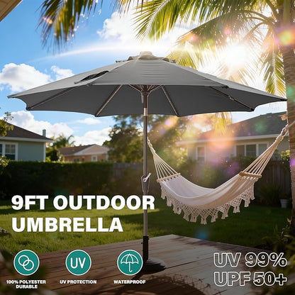 9FT Solar-Powered LED Patio Umbrella with Tilt Crank,Outdoor Market Umbrella with 32 Lights,Sunshade for Deck, Garden and Pool