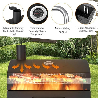 29In Built in BBQ Grills, Large Outside Charcoal Grill with BBQ Fork Kit Liftable Tray & Thermometer, Black Stainless Steel Barbecue Grill for Outdoor Kitchen Cooking Patio Camping Park Style