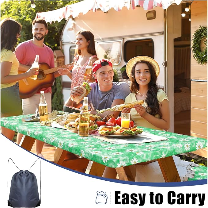 Smiry Picnic Table Cover with Bench Covers, Waterproof Elastic Fitted Tablecloth for 6 Foot Tables, Washable Polyester Tablecloths for Camping, Indoor & Outdoor (Green Daisy, 30x72 Inch 3-pc Set)