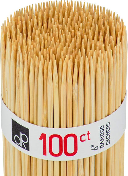 DecorRack 6" Natural Bamboo Skewers Sticks, 100 Wood Skewers for Grilling, BBQ, Kabob, Appetizers, Fruits, Smores, Cocktail, Brunch, Fondue Sticks, Barbeque, DIY Crafting, 6 inch (100 pack)