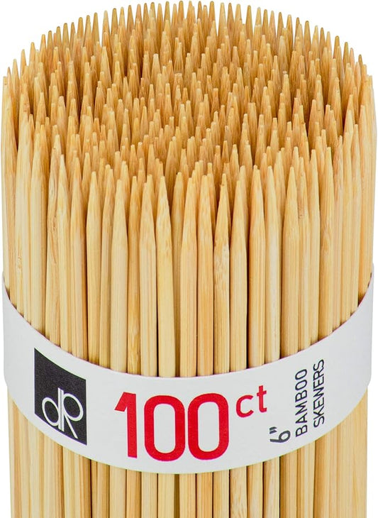 DecorRack 6" Natural Bamboo Skewers Sticks, 100 Wood Skewers for Grilling, BBQ, Kabob, Appetizers, Fruits, Smores, Cocktail, Brunch, Fondue Sticks, Barbeque, DIY Crafting, 6 inch (100 pack)