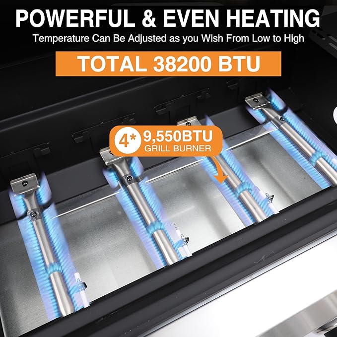4 Burner Propane Gas Grill, Portable BBQ Grill with Cast Iron Grate & Griddle Pan, Folding Side Table for Camping Backyard, 40000 BTU Easy-Clean Outdoor Cooking