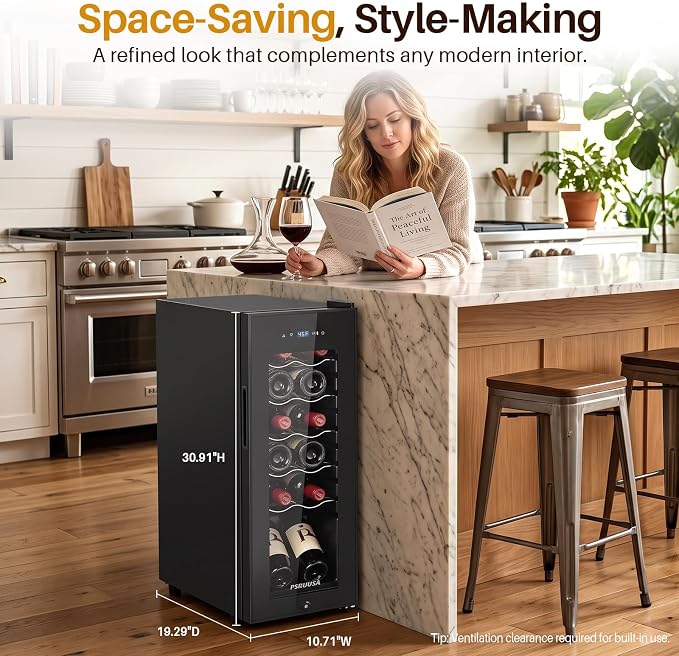 12 Bottle Wine Fridge, Slim Wine Cooler Refrigerator with Glass Door for Red, White, Champagne, Compressor Cooling, Freestanding Wine Refrigerator for Home Bar, Apartment, Office