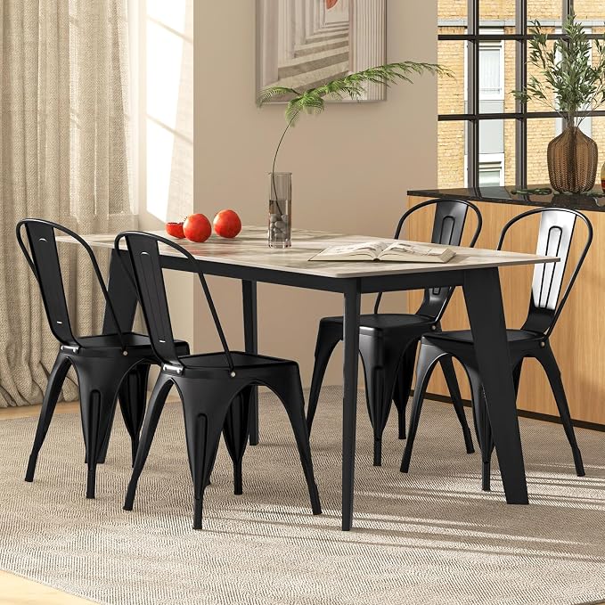 COSTWAY Stackable Metal Dining Chairs Set of 4 with Back, Indoor & Outdoor | Black, Industrial Vintage Style, Breathable Seat, High Backrest, for Dining Room, Kitchen, Bar, Cafe, Bistro, Restaurant