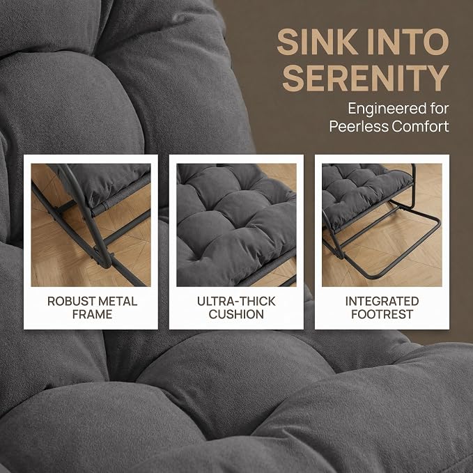 Outdoor Rocking Chairs, Metal Frame Outdoor Rocker with Footrest, Comfy Oversized Patio Chair with Thick Cushion, Reading Glider Lounge Chair for Living Room, Bedroom, Garden, Relax, Gray