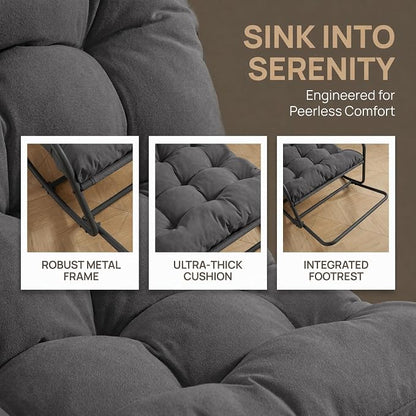 Outdoor Rocking Chairs, Metal Frame Outdoor Rocker with Footrest, Comfy Oversized Patio Chair with Thick Cushion, Reading Glider Lounge Chair for Living Room, Bedroom, Garden, Relax, Gray