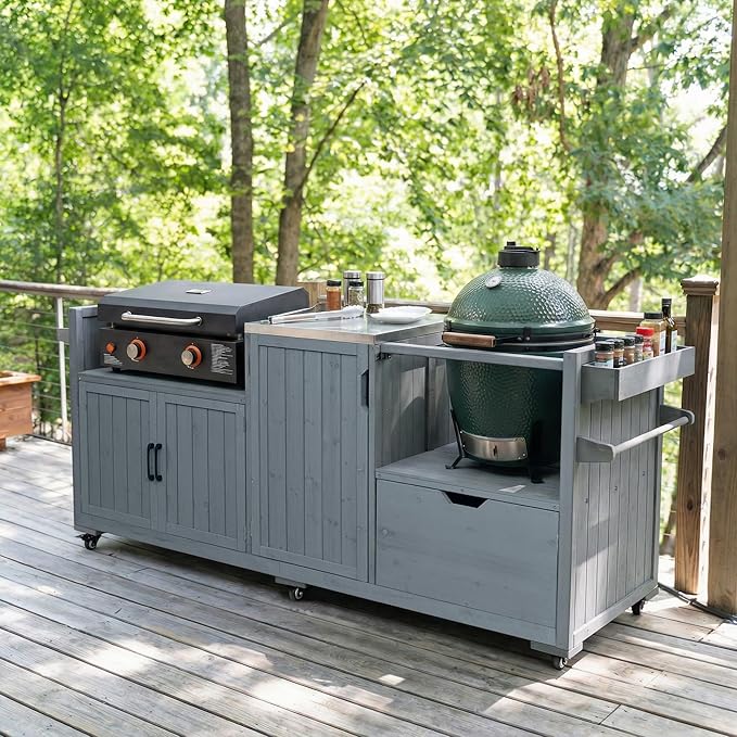 LUMISOL Outdoor Grill Cart with Stainless Steel Top, for Big Green Egg, Rolling Kitchen Island for 21"/28" Blackstone Griddle, 80.5" Solid Wood Kitchen Table with Drawer, Grey+Blue