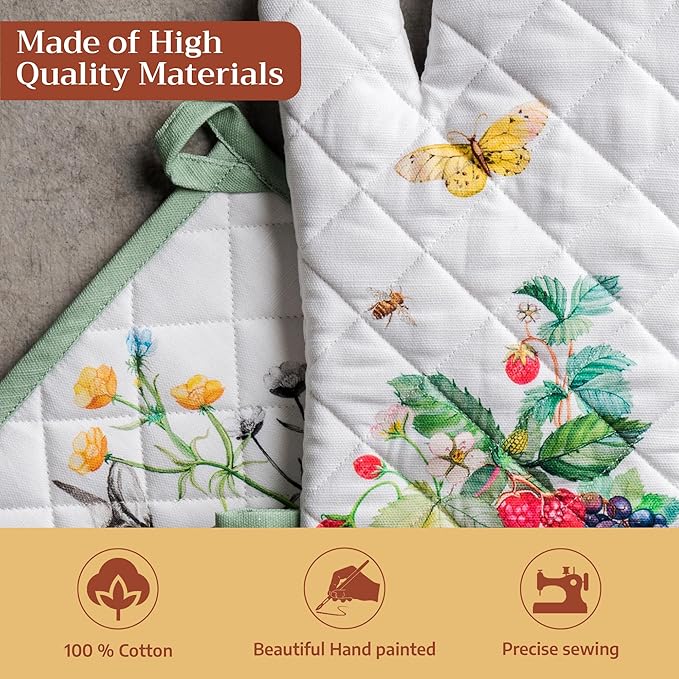 Maison d' Hermine 100% Cotton Oven Mitt & Pot Holder Set (7.5"x13" & 8"x8") Heat Resistant BBQ Cooking Gloves with Loop Baking Grilling Kitchen Hotel Home Farmhouse Spring Summer (Printemps)