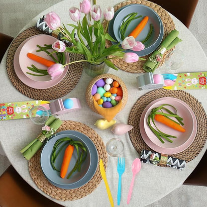WILLBOND 400 Pcs Easter Plastic Cutlery Set Paper Silverware Bags with Plastic Forks Knives Spoons Disposable Cutlery Utensil Holder for Easter Wedding Party Restaurant Kitchen