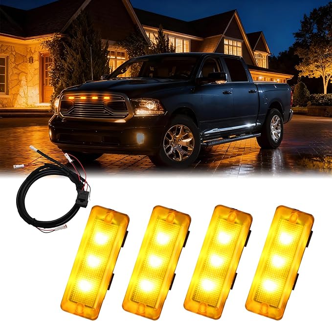 FUSCH 4-Pack LED Front Grille Lights with Harness Fit for Ram 1500 Limited Big Horn Tradesman Express Laramie Longhorn 2015-2019, Waterproof Exterior Grille Trim Lamp (White - Yellow Lens)
