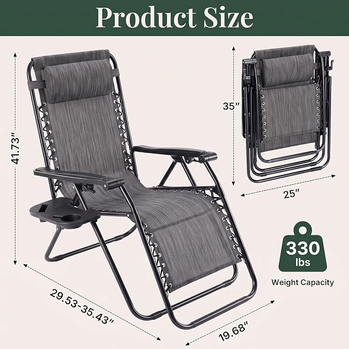 Zero Gravity Chairs Set of 2, Outdoor Folding Lounge Chairs | Foldable Reclining Patio Lawn Chairs with Mesh Back, Adjustable Pillows and Cup Holder Trays, for Pool, Beach, Backyard