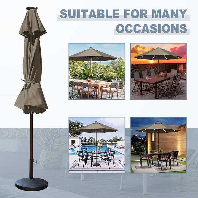 EliteShade USA 10-Year-Non-Fading 10ft Market Patio Umbrella, Commercial Grade Table Sun Umbrella with 80 Solar LED Lights, Crank Open, Windproof & UPF 50+ UV Protection for Garden, Deck, Pool, Backyard, No Tilt, Taupe