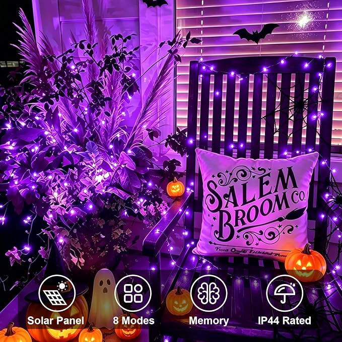 QITONG Solar Fairy Lights Outdoor Waterproof, 2 Pack Each 66ft 200 LED Purple Halloween String Lights, Silver Wire Christmas Twinkle Mini Lights with 8 Modes