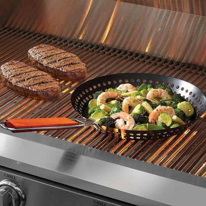 12" Non-Stick Grilling Skillet with Removable Handle - Large Grill Pan & Deep Fryer Strainer Basket for Seafood & Vegetables - Indoor & Outdoor BBQ Grill & Restaurant Use by Mr. Bar-B-Q 06750X