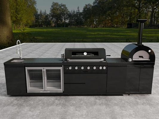 147" Outdoor Kitchen Island,Propane BBQ Grill with Pizza Oven,120,000 BTU. | Stainless Steel Grill with Rotisserie,Double Door Refrigerator,Sink,Granite Countertop,Storage Cabinets.Sleek Black Finish