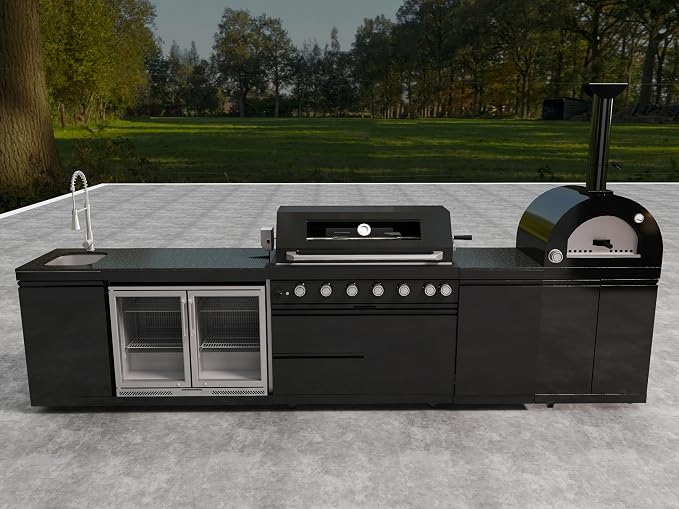 147" Outdoor Kitchen Island,Natural Gas Grill with Pizza Oven,120,000 BTU. | Stainless Steel Rotisserie,Double Door Refrigerator,Sink,Granite Countertop,Storage Cabinets & Drawers.Sleek Black Finish