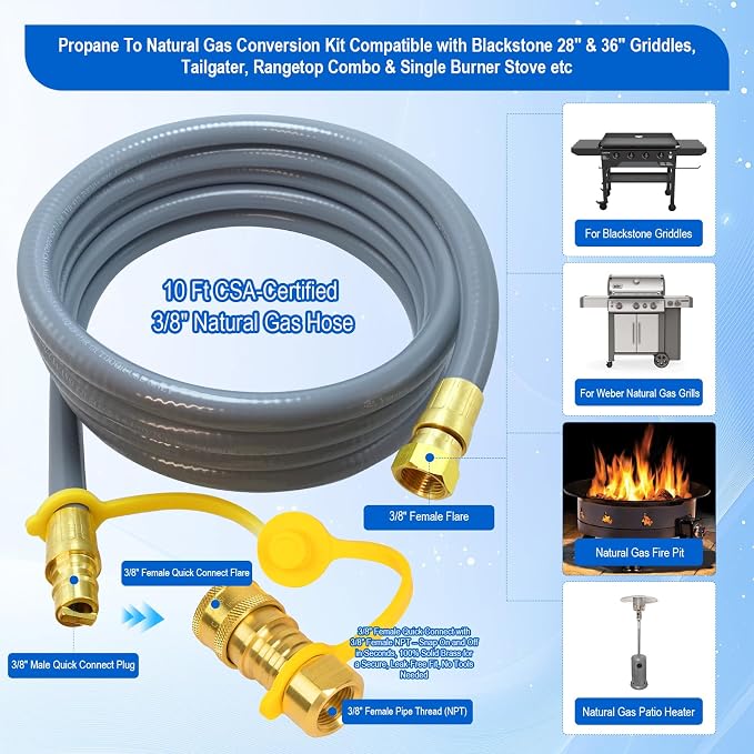 5249 Natural Gas Conversion Kit for Blackstone Grill 28" 36" Griddle,for Blackstone Natural Gas Conversion Kit w/10 FT Natural Gas Hose,Silicone Grill Tool Mat,Grease Cup Liner,3/8" Quick Connect Etc.