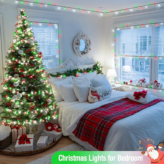 JMEXSUSS 200 LED Red White and Green Christmas Lights Outdoor, 66ft Connectable Twinkle String Lights Plug in, 8 Modes Waterproof Christmas Tree Lights for Outside Indoor Yard Xmas Decoration