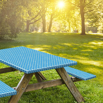 6ft 72in Picnic Table and Bench Cover, 3 Pack, Blue-White Moroccan | Waterproof, Windproof, Elastic Fitted Edges Tablecloth, for Rectangle Table & Seat, Camping Essentials RV Gear