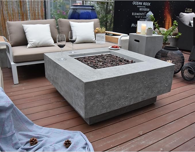 Elementi Manhattan 36" Concrete Outdoor Propane Firepit Table, 22" Square Tempered Glass Firepit Windscreen, & Stainless Steel 21" Square Table Cover